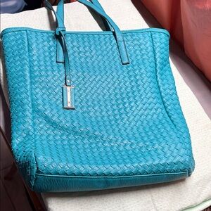 Teal Woven Leather Tote Bag